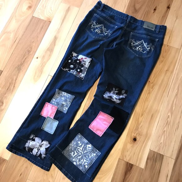 Upcycled Patchwork Flared Jeans: Size 14, Boho Hippie Sweater Weather Pants - Picture 2 of 9